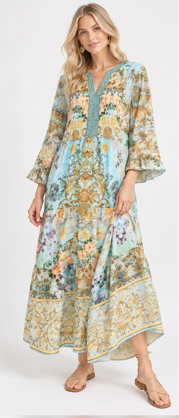 Soft Surroundings Baroque Floral Beaded Maxi Dress Blue Boho NWT Size Large L